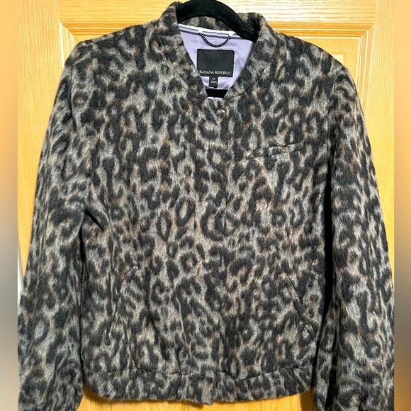 Banana Republic Wool-Blend Leopard Print Bomber Jacket Black & Gray QL Size M - Picture 1 of 13